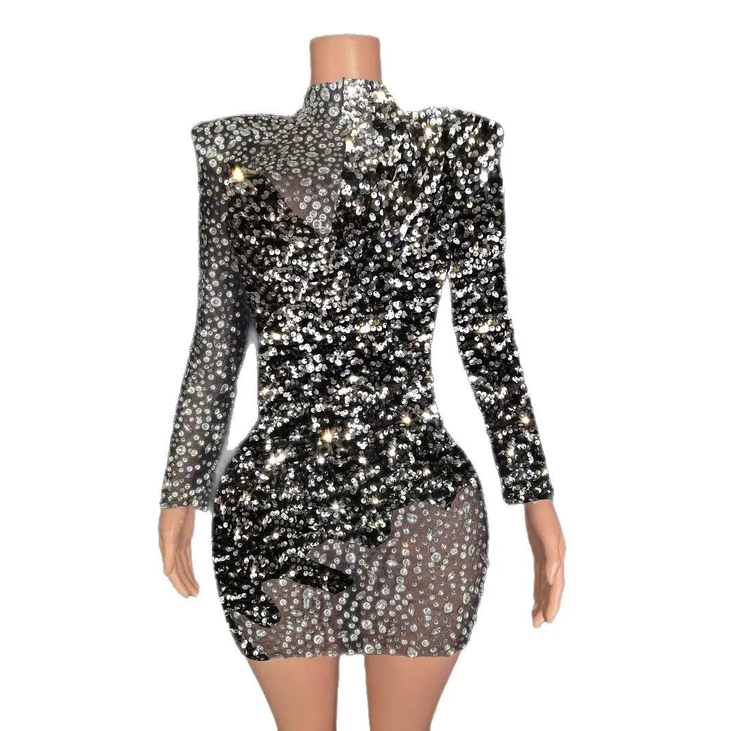 Glamorous Black Birthday Party Dress with Diamond Beads Elegant Stage Performance Costume for Women Glam Hip Wrap Evening Gown